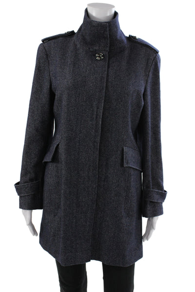 Teenflo Women Military Jacket Blue Herringbone Silk Button Long Sleeve Size 10