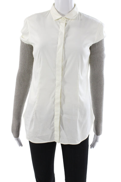 Rivamonti Women Collared Cotton Button Up Blouse Ivory Long Sleeve Size M