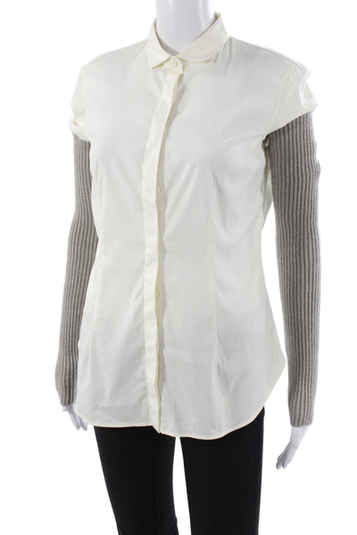 Rivamonti Women Collared Cotton Button Up Blouse Ivory Long Sleeve Size M