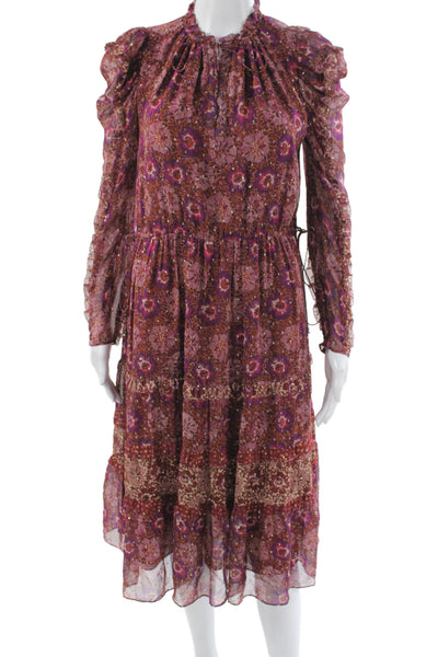 Ulla Johnson Women Floral Silk Midi Dress Long Sleeve High Neck Tie Size 2