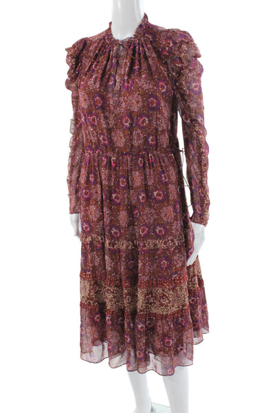 Ulla Johnson Women Floral Silk Midi Dress Long Sleeve High Neck Tie Size 2