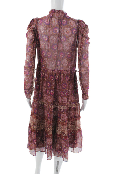 Ulla Johnson Women Floral Silk Midi Dress Long Sleeve High Neck Tie Size 2