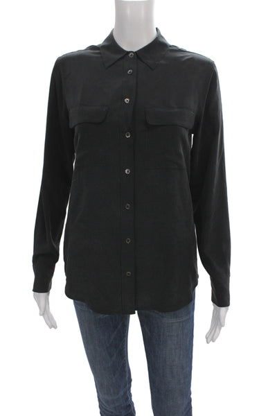Equipment Femme Womens Silk Collared Long Sleeve Button-Up Black Size XS
