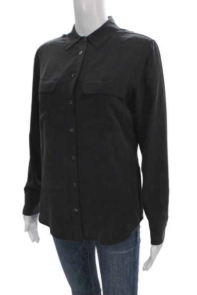 Equipment Femme Womens Silk Collared Long Sleeve Button-Up Black Size XS