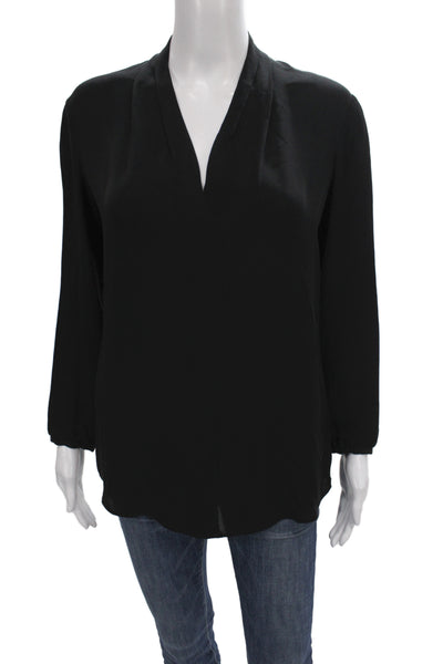 Theory Women Basic Silk V-Neck Long Sleeve Blouse Black Petite Size S