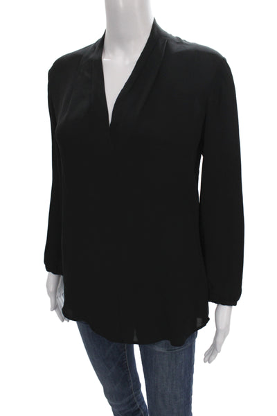 Theory Women Basic Silk V-Neck Long Sleeve Blouse Black Petite Size S