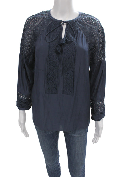 Ramy Brook Womens Tunic Blouse Blue Long Sleeve Round Neck Size XS