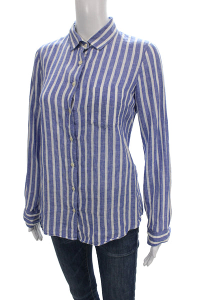J Crew Womens Blue Striped Button-Up Linen Blend Long Sleeve Size 2