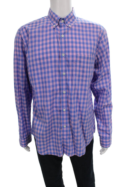 J Crew Mens Cotton Gingham Light Weight Button Down Shirt Blue Pink Size Large