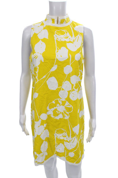Trina Turk Women Shift Dress Yellow Floral Sleeveless Mock Neck Zip Size 2