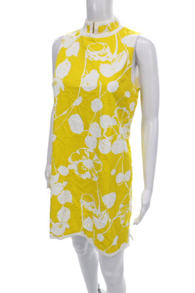 Trina Turk Women Shift Dress Yellow Floral Sleeveless Mock Neck Zip Size 2