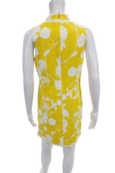 Trina Turk Women Shift Dress Yellow Floral Sleeveless Mock Neck Zip Size 2