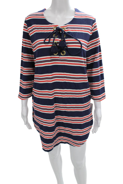 La Blanca Women Shift Cover Up Blue Scoop Neck Cotton 3/4 Sleeve Size XS
