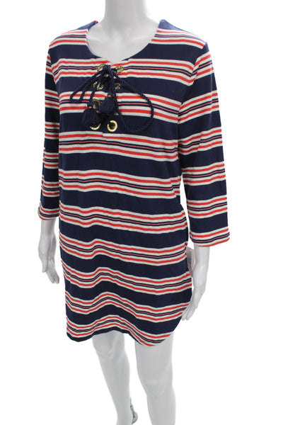 La Blanca Women Shift Cover Up Blue Scoop Neck Cotton 3/4 Sleeve Size XS