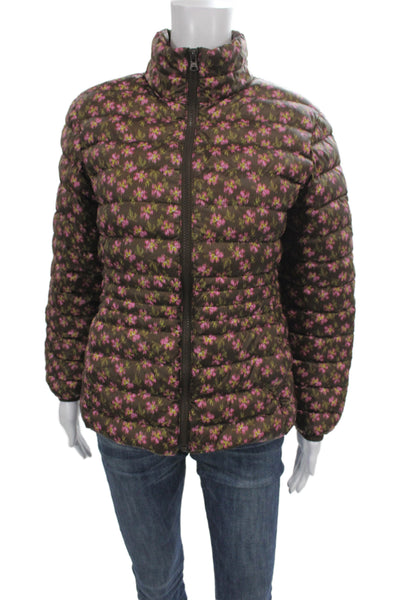 Lands End Womens Puffer Jacket Brown Floral Polyester Zip Long Sleeve Size S