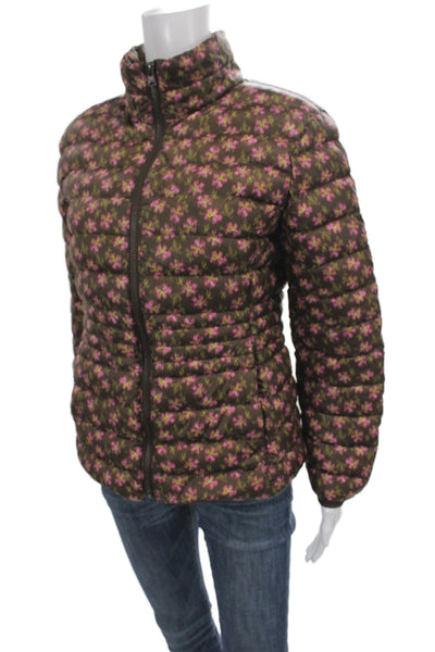 Lands End Womens Puffer Jacket Brown Floral Polyester Zip Long Sleeve Size S