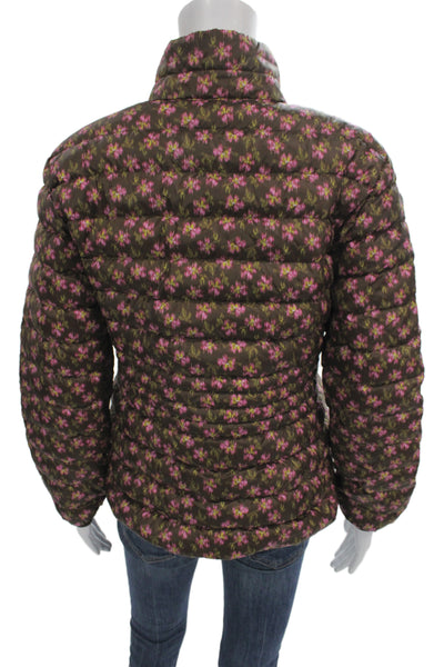 Lands End Womens Puffer Jacket Brown Floral Polyester Zip Long Sleeve Size S