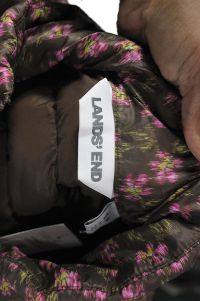 Lands End Womens Puffer Jacket Brown Floral Polyester Zip Long Sleeve Size S