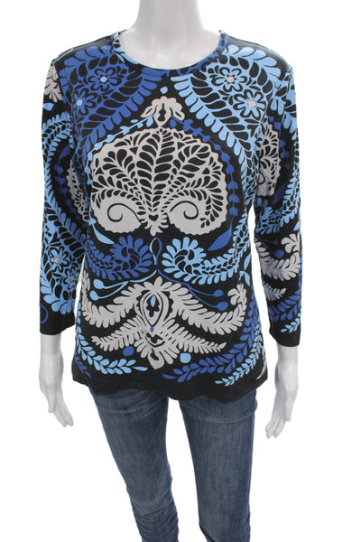 J. Mclaughlin Womens Jersey Floral Crew Neck 3/4 Sleeve Black Size M