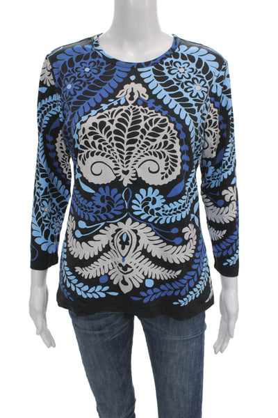 J. Mclaughlin Womens Jersey Floral Crew Neck 3/4 Sleeve Black Size M