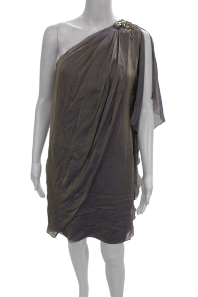 Badgley Mischka Women Sheath Cocktail Dress Brown Silk One Shoulder Mini Size 8