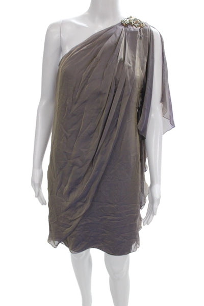Badgley Mischka Women Sheath Cocktail Dress Brown Silk One Shoulder Mini Size 8