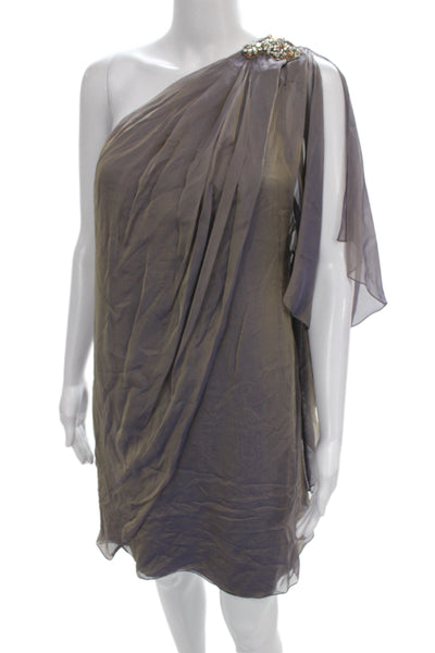 Badgley Mischka Women Sheath Cocktail Dress Brown Silk One Shoulder Mini Size 8