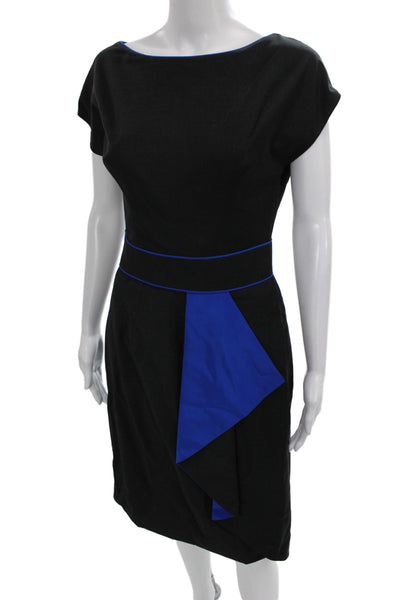 Badgley Mischka Women Sheath Dress Black Boat Neck Midi Zip Cotton Size 4