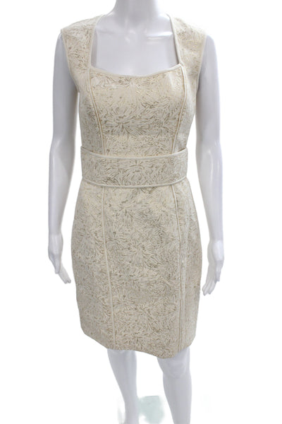 Badgley Mischka Women Gold Jacquard Sheath Dress Square Neck Sleeveless Size 4