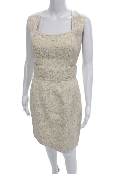 Badgley Mischka Women Gold Jacquard Sheath Dress Square Neck Sleeveless Size 4