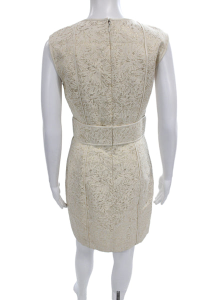 Badgley Mischka Women Gold Jacquard Sheath Dress Square Neck Sleeveless Size 4