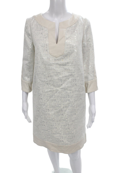 Badgley Mischka Women Ivory Metallic V-Neck Shift Dress 3/4 Sleeve Size 4