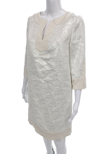 Badgley Mischka Women Ivory Metallic V-Neck Shift Dress 3/4 Sleeve Size 4