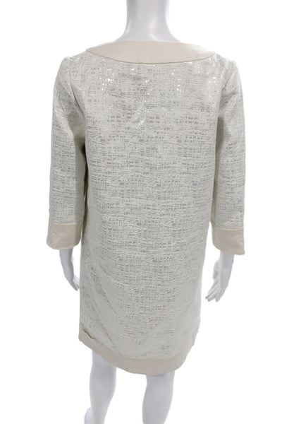 Badgley Mischka Women Ivory Metallic V-Neck Shift Dress 3/4 Sleeve Size 4