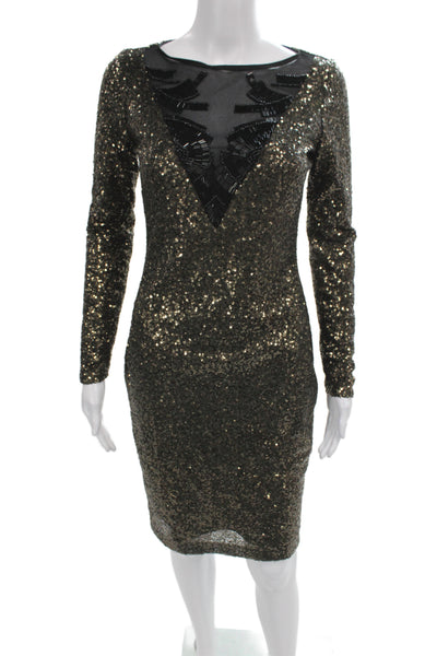 Belle Badgley Mischka Women Bodycon Black Sequin Midi Dress Long Sleeve Size 4