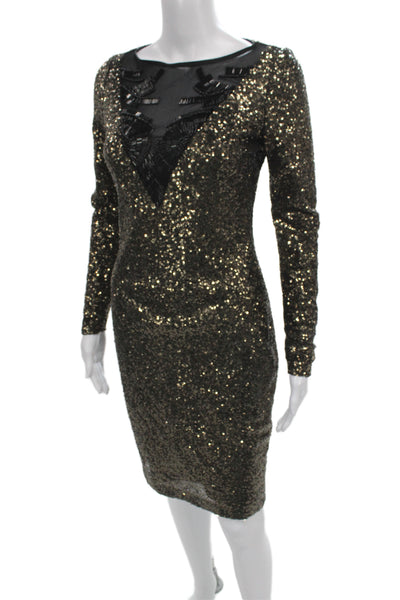 Belle Badgley Mischka Women Bodycon Black Sequin Midi Dress Long Sleeve Size 4