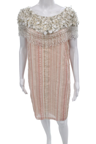 Badgley Mischka Women Beige Silk Beaded Shift Dress Mini Zip Size 10