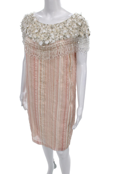 Badgley Mischka Women Beige Silk Beaded Shift Dress Mini Zip Size 10