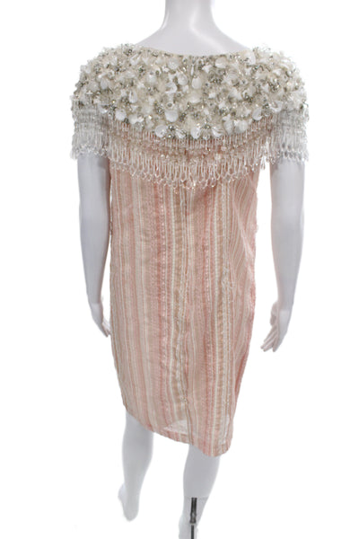Badgley Mischka Women Beige Silk Beaded Shift Dress Mini Zip Size 10