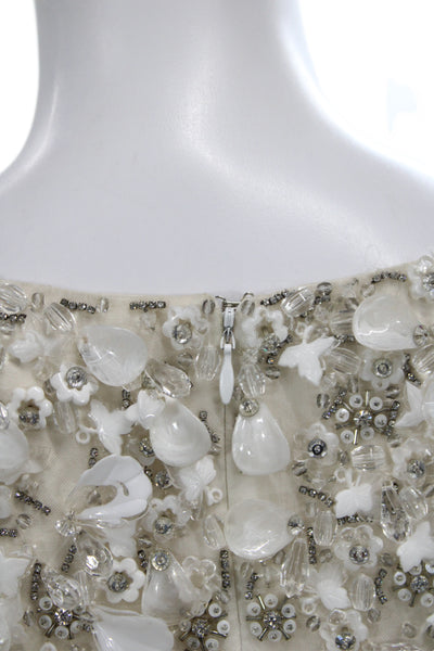 Badgley Mischka Women Beige Silk Beaded Shift Dress Mini Zip Size 10