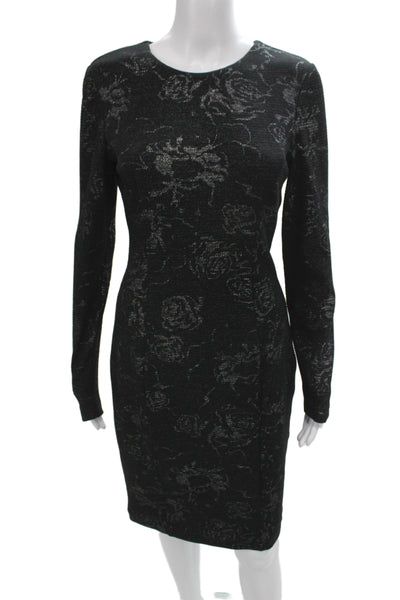 Belle Badgley Mischka Women Sheath Floral Midi Black Long Sleeve Zip Size 4