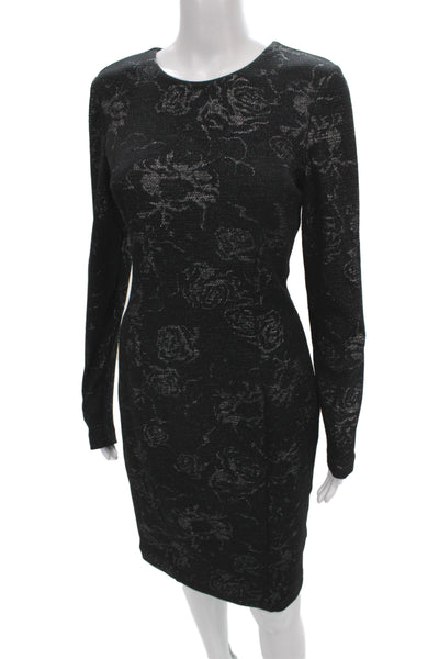 Belle Badgley Mischka Women Sheath Floral Midi Black Long Sleeve Zip Size 4