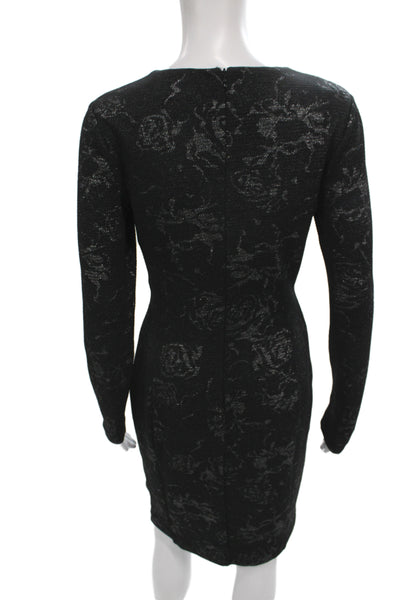 Belle Badgley Mischka Women Sheath Floral Midi Black Long Sleeve Zip Size 4