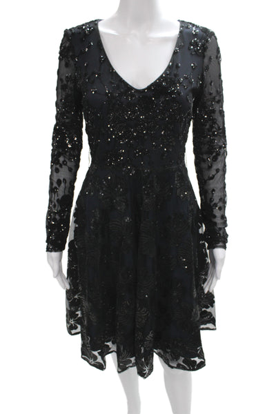 Belle Badgley Mischka Women Fit & Flare Sequin Vneck Black Dress Size 4