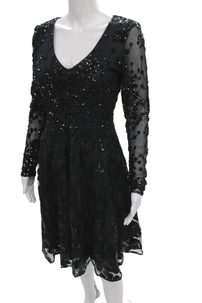 Belle Badgley Mischka Women Fit & Flare Sequin Vneck Black Dress Size 4
