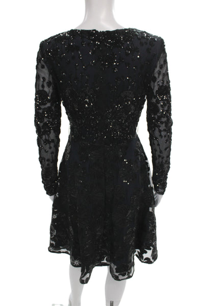 Belle Badgley Mischka Women Fit & Flare Sequin Vneck Black Dress Size 4