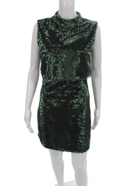 Jewel Badgley Mischka Womens Sheath Dress Green Sleeveless Beaded Size 2