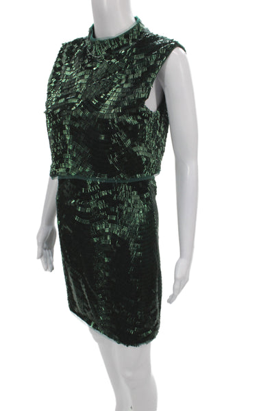 Jewel Badgley Mischka Womens Sheath Dress Green Sleeveless Beaded Size 2