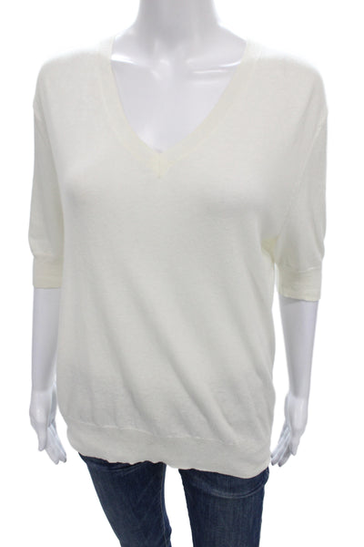 6397 Women Pullover Sweater Ivory V Neck Short Sleeve 70% Cotton Size S
