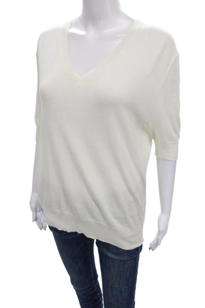 6397 Women Pullover Sweater Ivory V Neck Short Sleeve 70% Cotton Size S